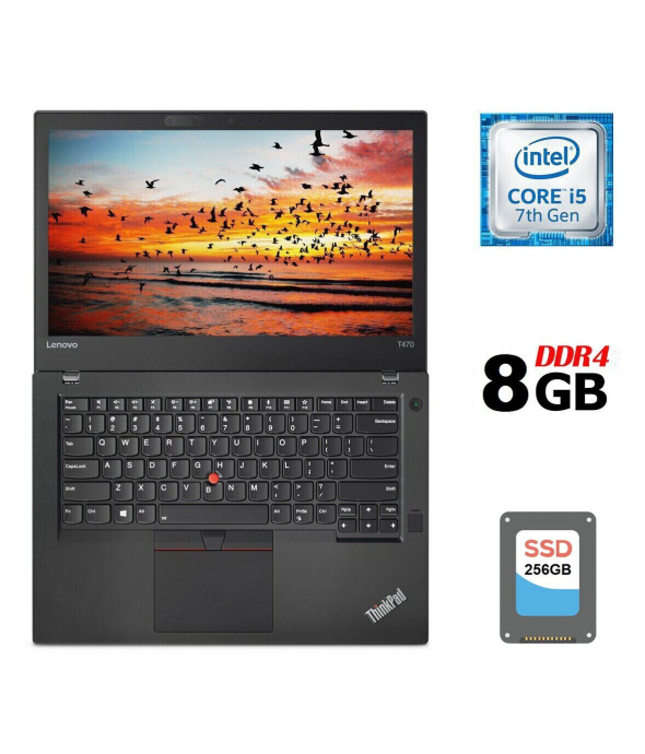 Ультрабук Б-класс Lenovo ThinkPad T470 / 14&quot; (1366x768) TN / Intel Core i5-7300U (2 (4) ядра по 2.6 - 3.5 GHz) / 8 GB DDR4 / 256 GB SSD / Intel HD Graphics 620 / WebCam / Fingerprint / USB 3.1 / HDMI / Два АКБ - 1