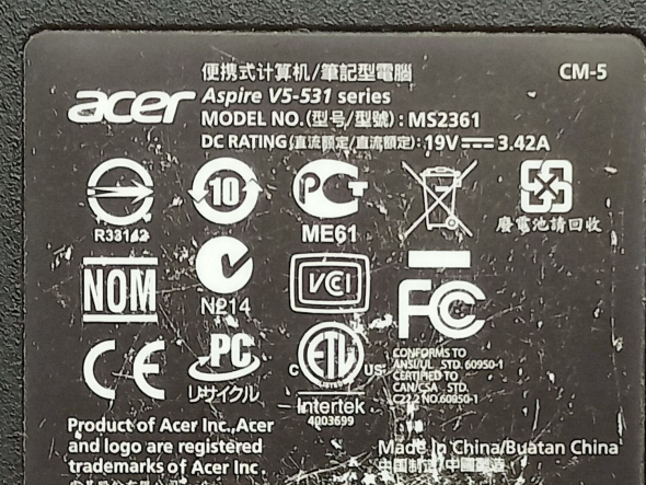 Ноутбук Б-класс Acer Aspire V5-531 / 15.6&quot; (1366x768) TN / Intel Pentium 967 (2 ядра по 1.3 GHz) / 8 GB DDR3 / 120 GB SSD / nVidia GeForce GT 620M, 1 GB DDR3, 64-bit / WebCam - 10