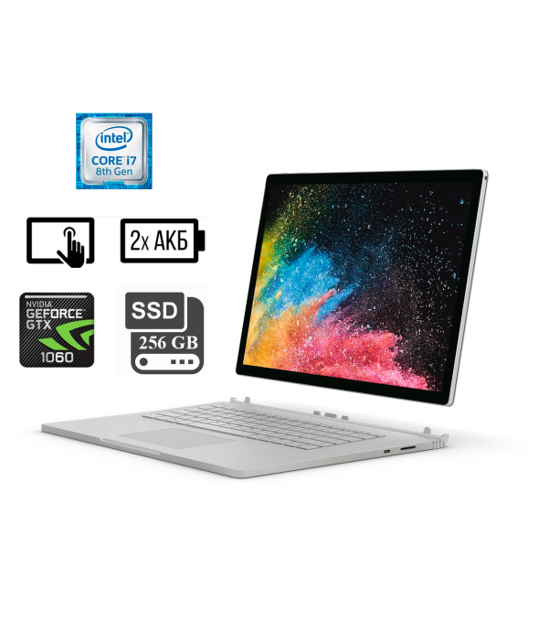 Ультрабук Б-класс Microsoft SurfaceBook2 1793 / 15&quot; (3240x2160) IPS Touch / Intel Core i7-8650U (4 (8) ядра по 1.9 - 4.2 GHz) / 16 GB DDR3 / 256 GB SSD M.2 / nVidia Geforce GTX 1060, 6GB GDDR5, 192-bit / WebCam / UBS Type-C / Две АКБ + Surface dock-hub - 1
