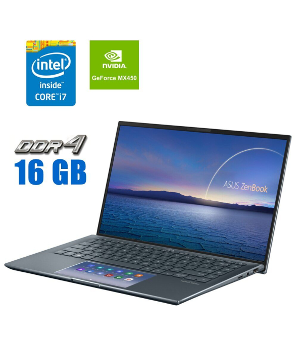 Игровой ноутбук Asus ZenBook 14 UX435E / 14&quot; (1920x1080) IPS / Intel Core i7-1165G7 (4 (8) ядра по 2.8 - 4.7 GHz) / 16 GB DDR4 / 480 GB SSD M.2 / nVidia GeForce MX450, 2 GB GDDR6, 64-bit / WebCam - 1
